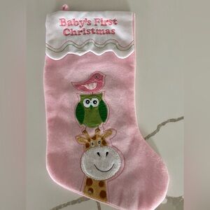 Baby's First Christmas Pink Stocking baby girl NEW 18” OWL BIRD GIRAFFE